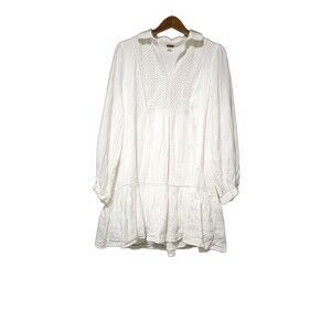 magaschoni White Linen Eyelet Tunic Dress V-Neck Long Sleeve Ruffle M